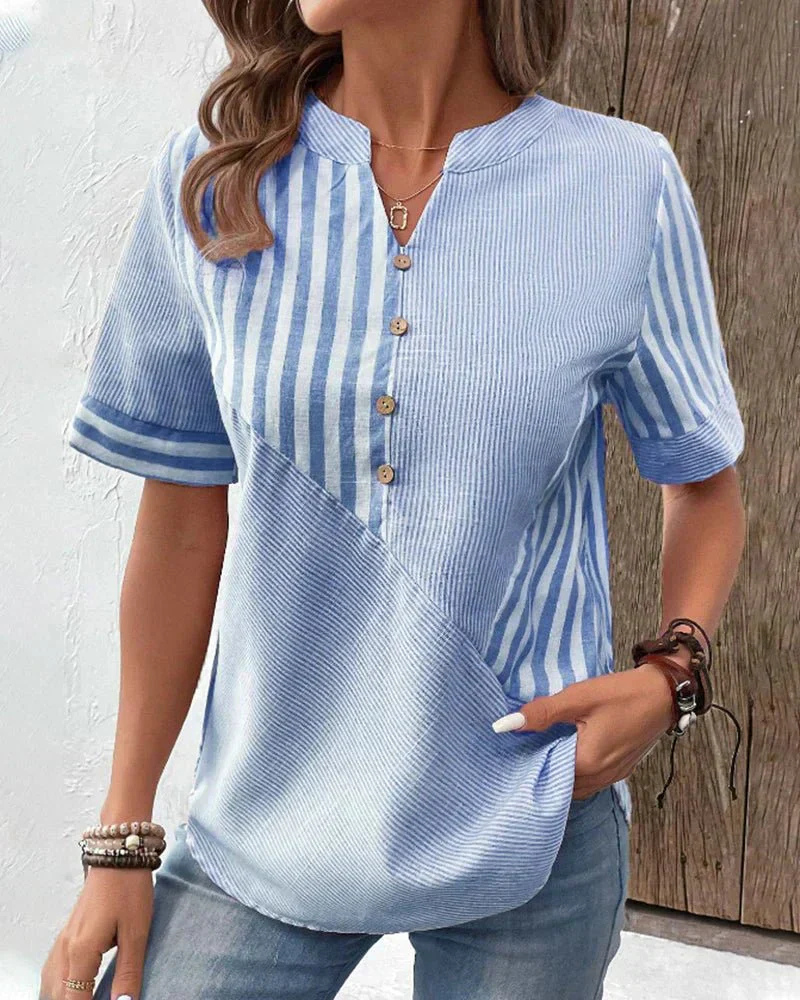 Genevieve | Striped Colorblock Half-Button Short Sleeve Blouse For Women
