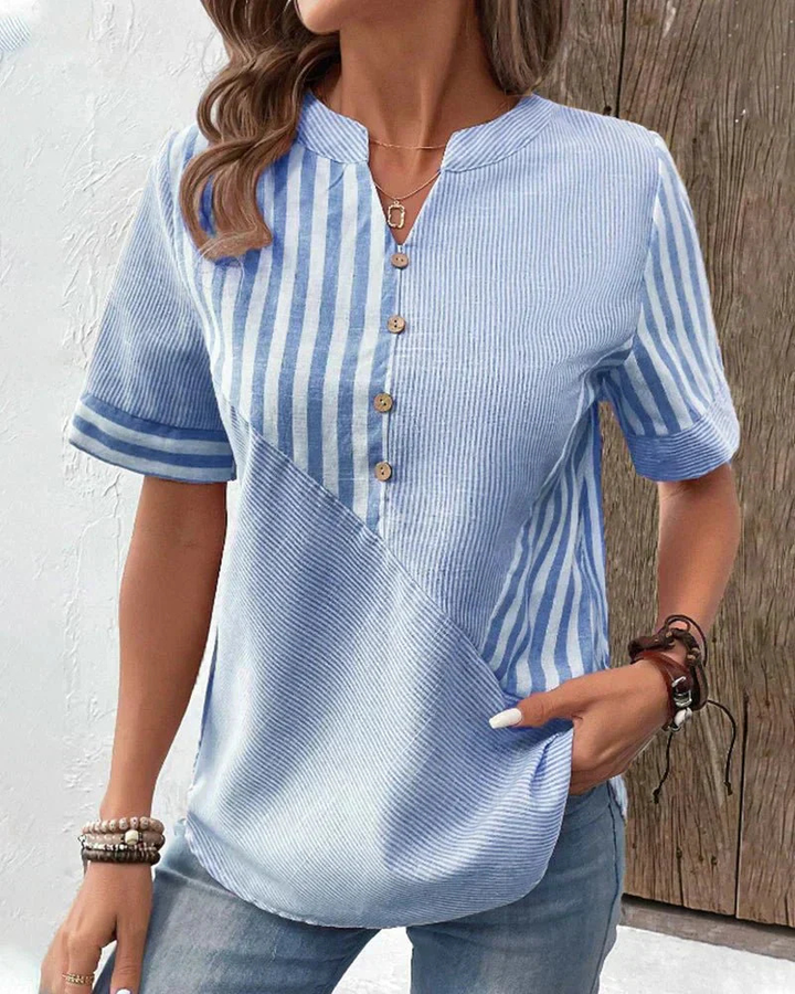 Genevieve | Striped Colorblock Half-Button Short Sleeve Blouse For Women