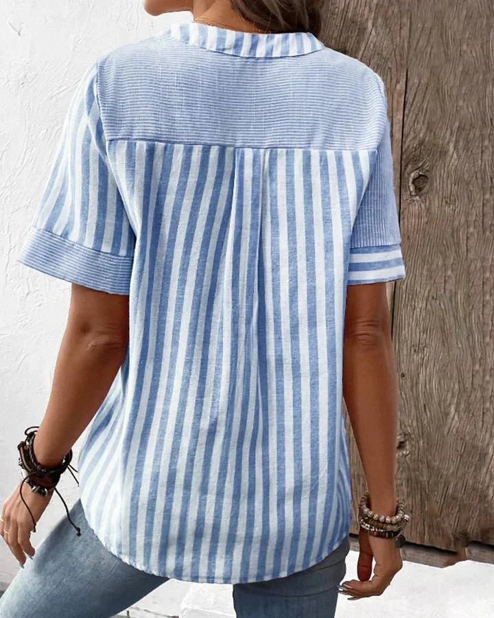 Genevieve | Striped Colorblock Half-Button Short Sleeve Blouse For Women