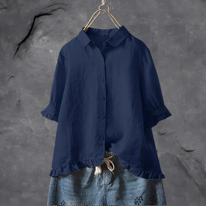 Ruby | Linen Button-Down Shirt With Ruffle Trim For Women