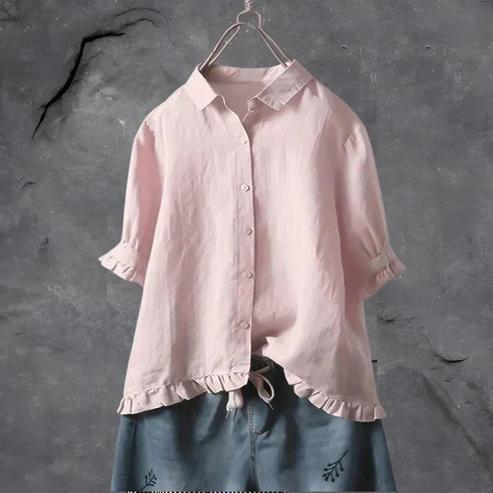Ruby | Linen Button-Down Shirt With Ruffle Trim For Women