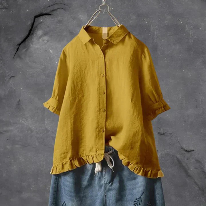 Ruby | Linen Button-Down Shirt With Ruffle Trim For Women