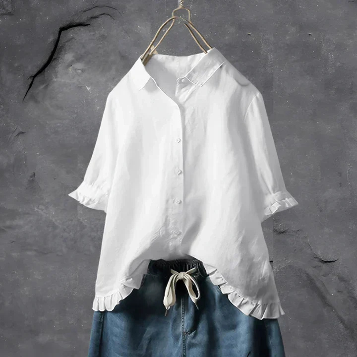 Ruby | Linen Button-Down Shirt With Ruffle Trim For Women