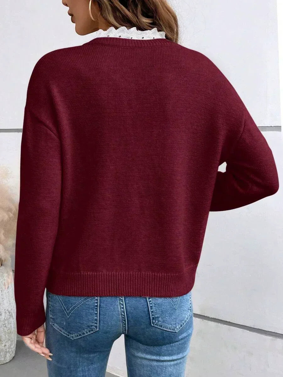 Maria | V-Neck Ribbed Knit Blouse With Lace Collar For Women