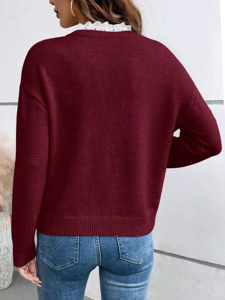 Maria | V-Neck Ribbed Knit Blouse With Lace Collar For Women