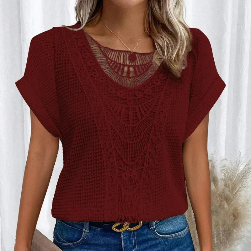Leontine | Crochet Blouse With Crew Neck And Short Sleeves For Women