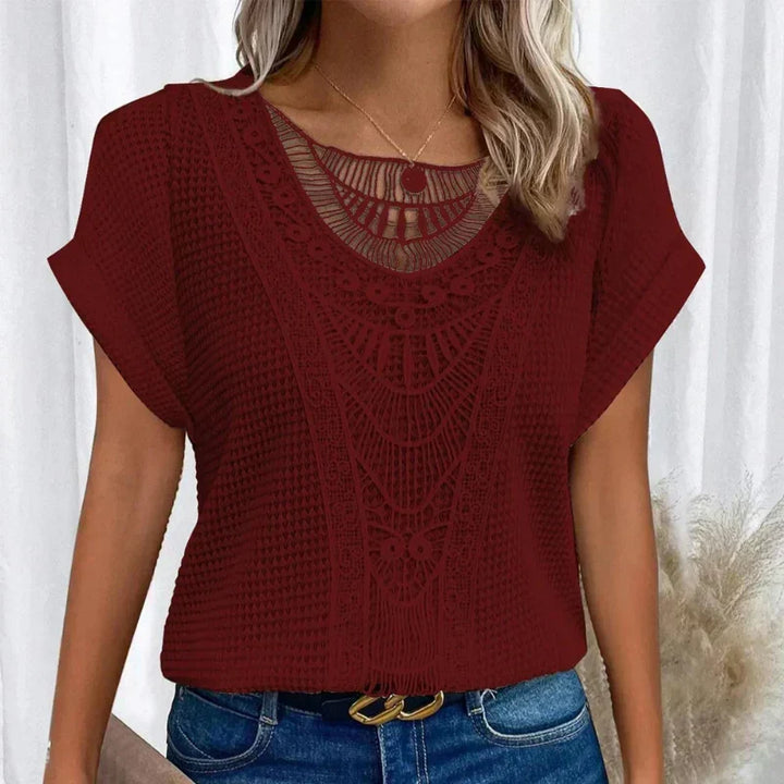 Leontine | Crochet Blouse With Crew Neck And Short Sleeves For Women