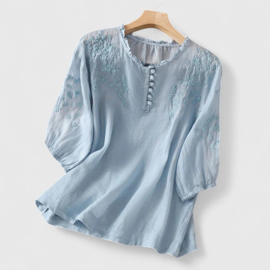 Sylvie | Linen Long Sleeve Blouse With Embroidered Ruffle Collar For Women