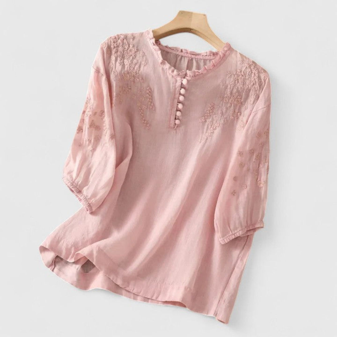 Sylvie | Linen Long Sleeve Blouse With Embroidered Ruffle Collar For Women