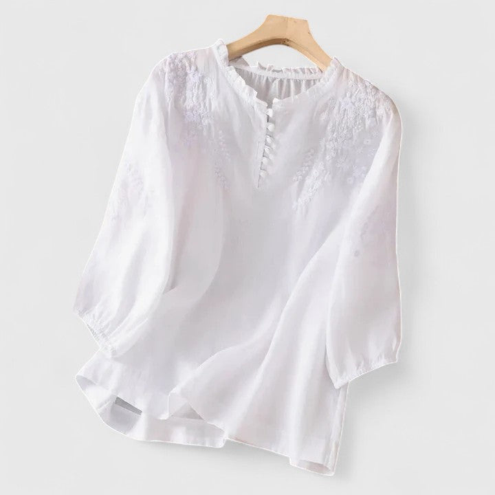 Sylvie | Linen Long Sleeve Blouse With Embroidered Ruffle Collar For Women