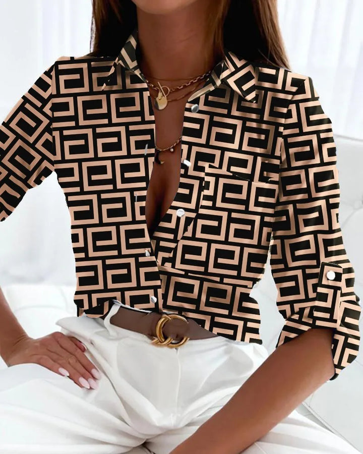 Saraf | Graphic Button-Down Blouse With V-Neck For Women