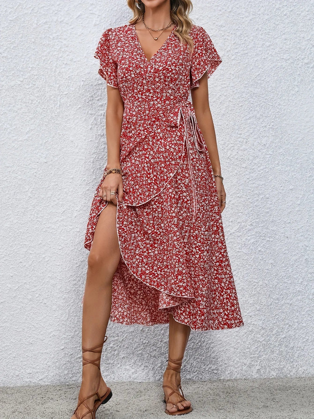 V-Neck Floral Mini Wrap Dress