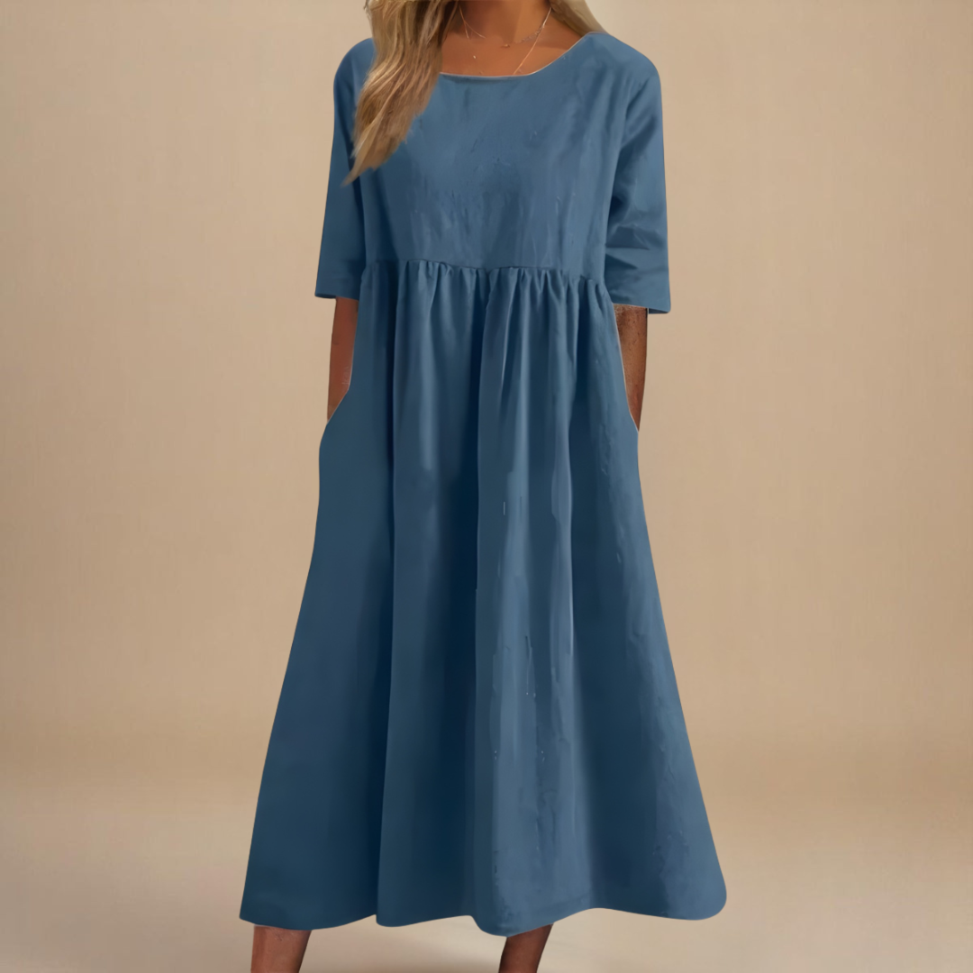 Paisley | Linen Gathered Waist Midi Dress For Women