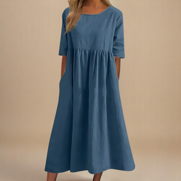 Paisley | Linen Gathered Waist Midi Dress For Women
