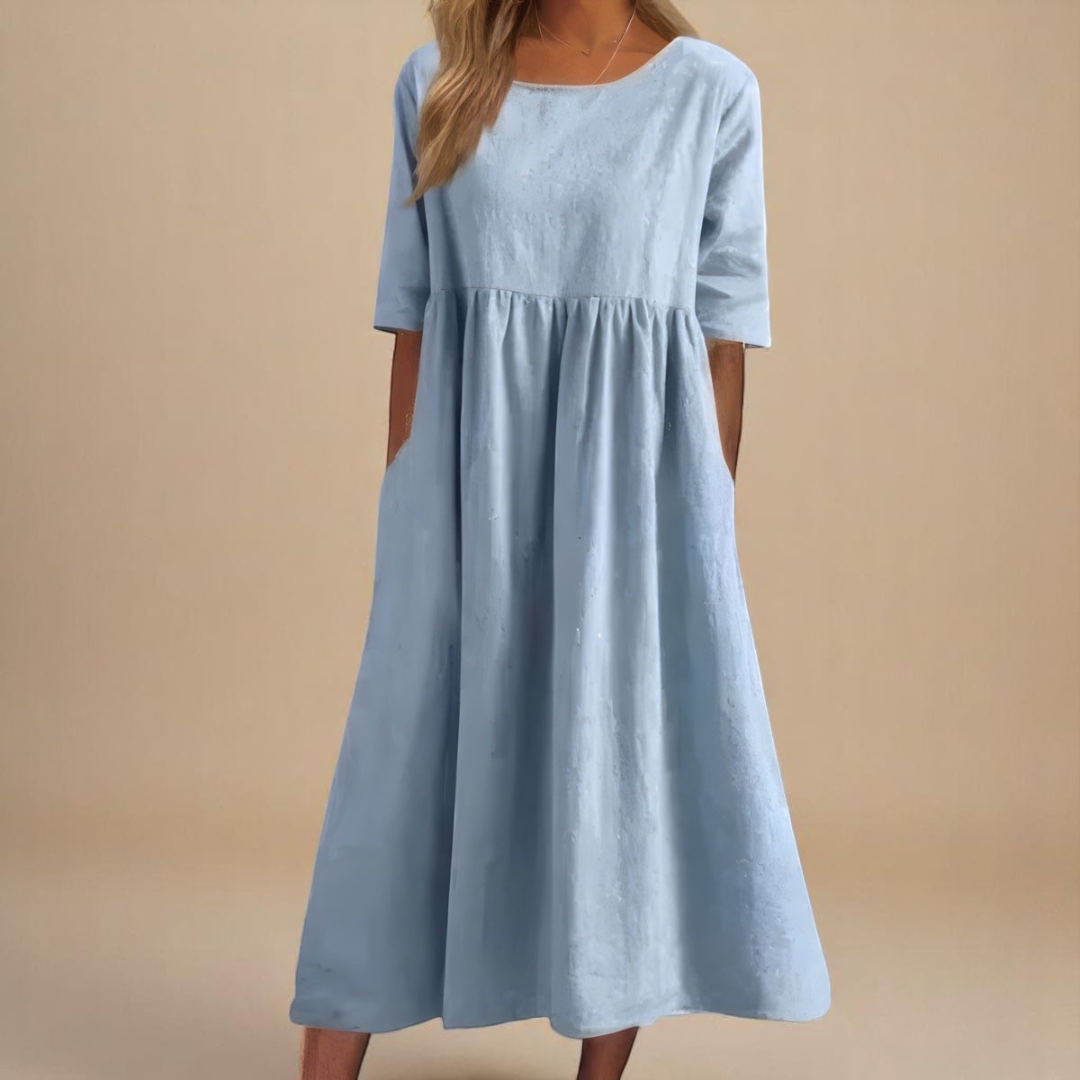 Paisley | Linen Gathered Waist Midi Dress For Women