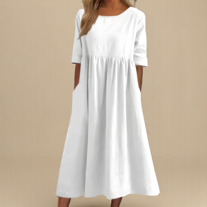 Paisley | Linen Gathered Waist Midi Dress For Women