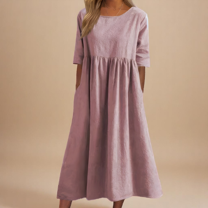 Paisley | Linen Gathered Waist Midi Dress For Women