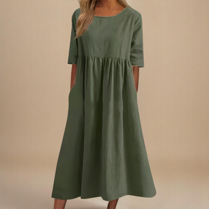 Paisley | Linen Gathered Waist Midi Dress For Women