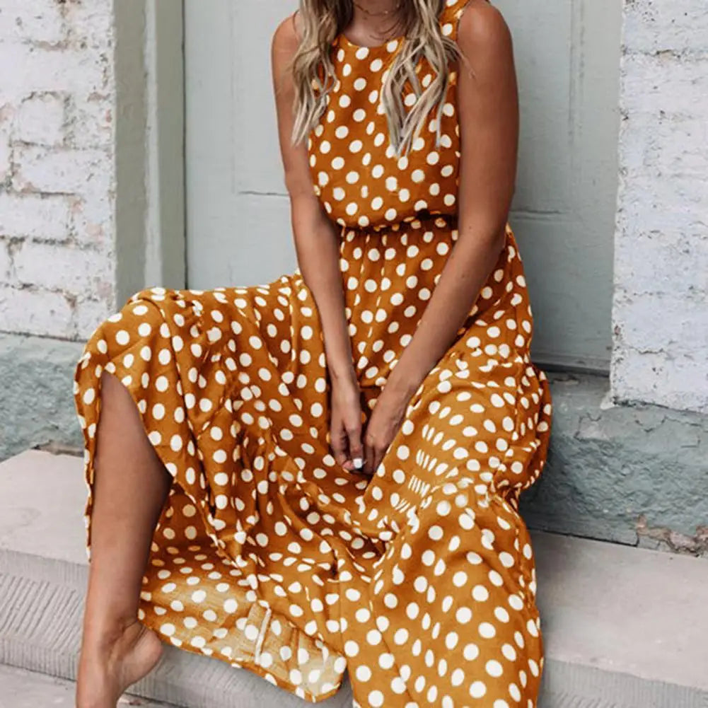 SLEEVELESS POLKA DOT FLOWY MAXI DRESS