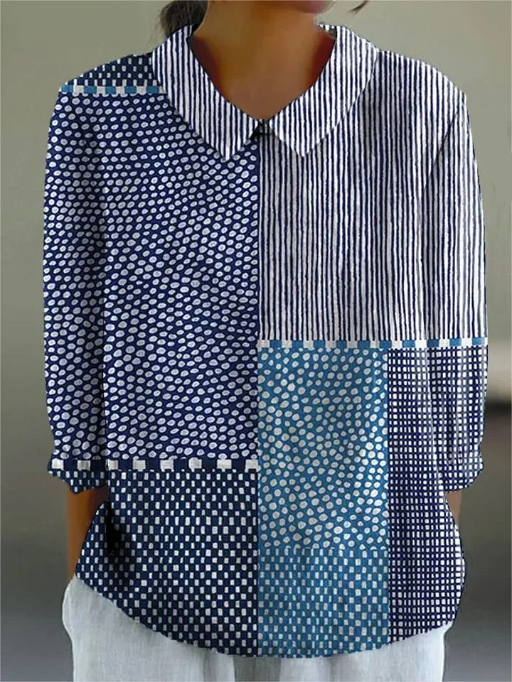 Lydia | Patchwork Print Collared Long Sleeve Blouse For Women