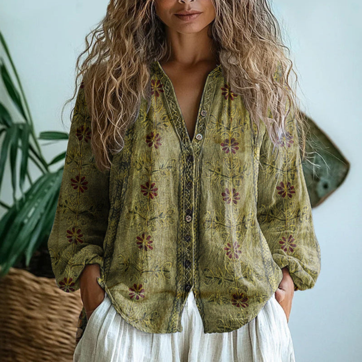 Evelyn | Floral V-Neck Button-Down Linen Blouse For Women