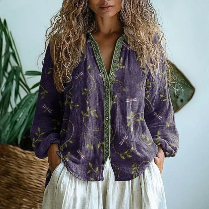 Evelyn | Floral V-Neck Button-Down Linen Blouse For Women