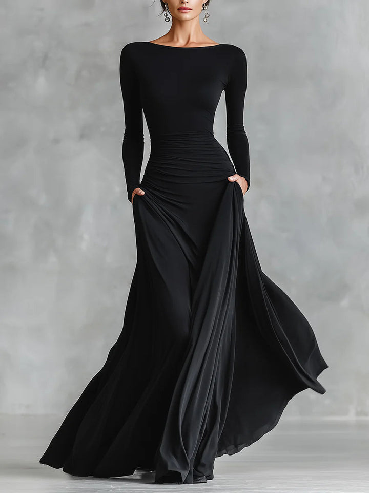 Fiorella™ - Modern Long Dress In Black Crepe With Pleated Boat Neckline