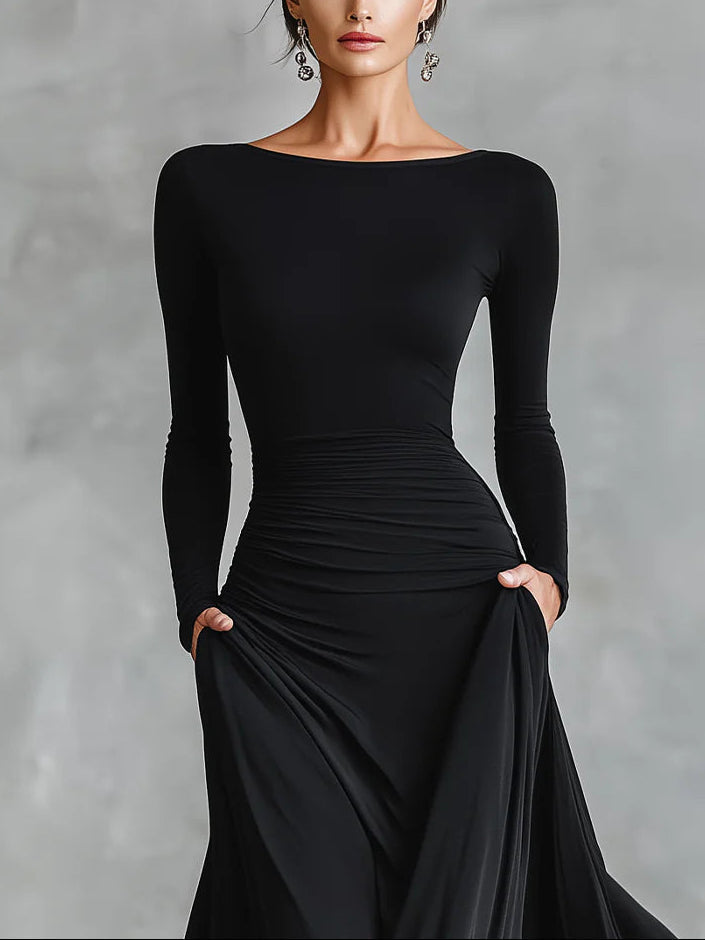 Fiorella™ - Modern Long Dress In Black Crepe With Pleated Boat Neckline