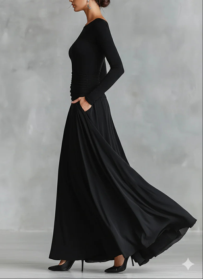 Fiorella™ - Modern Long Dress In Black Crepe With Pleated Boat Neckline