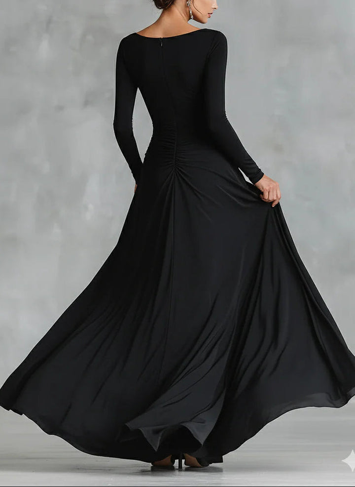 Fiorella™ - Modern Long Dress In Black Crepe With Pleated Boat Neckline