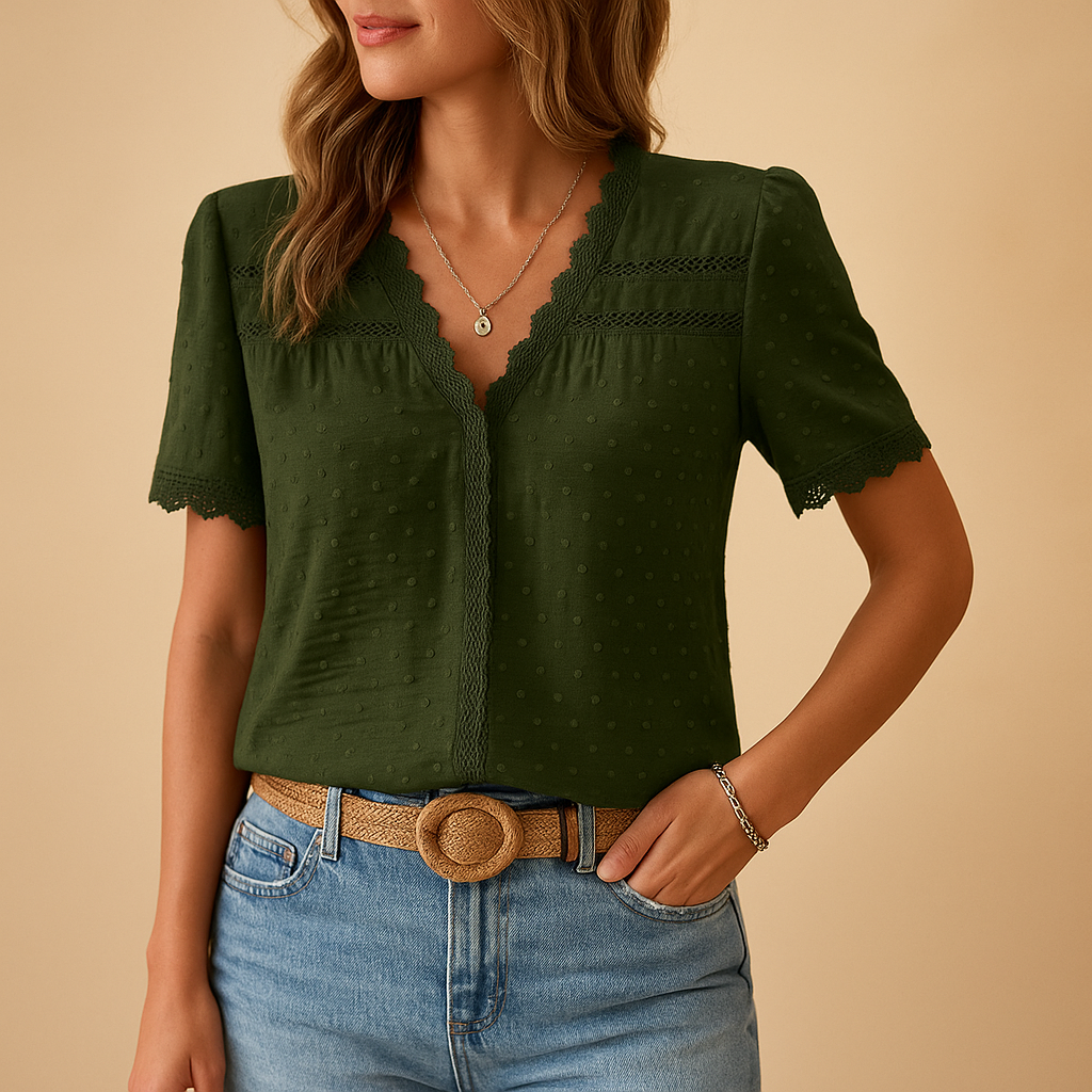Zaida | Blouse With V-Neck, Short Sleeves And Lace Trim For Women