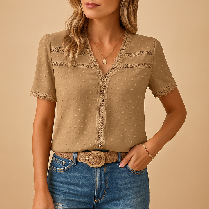 Zaida | Blouse With V-Neck, Short Sleeves And Lace Trim For Women