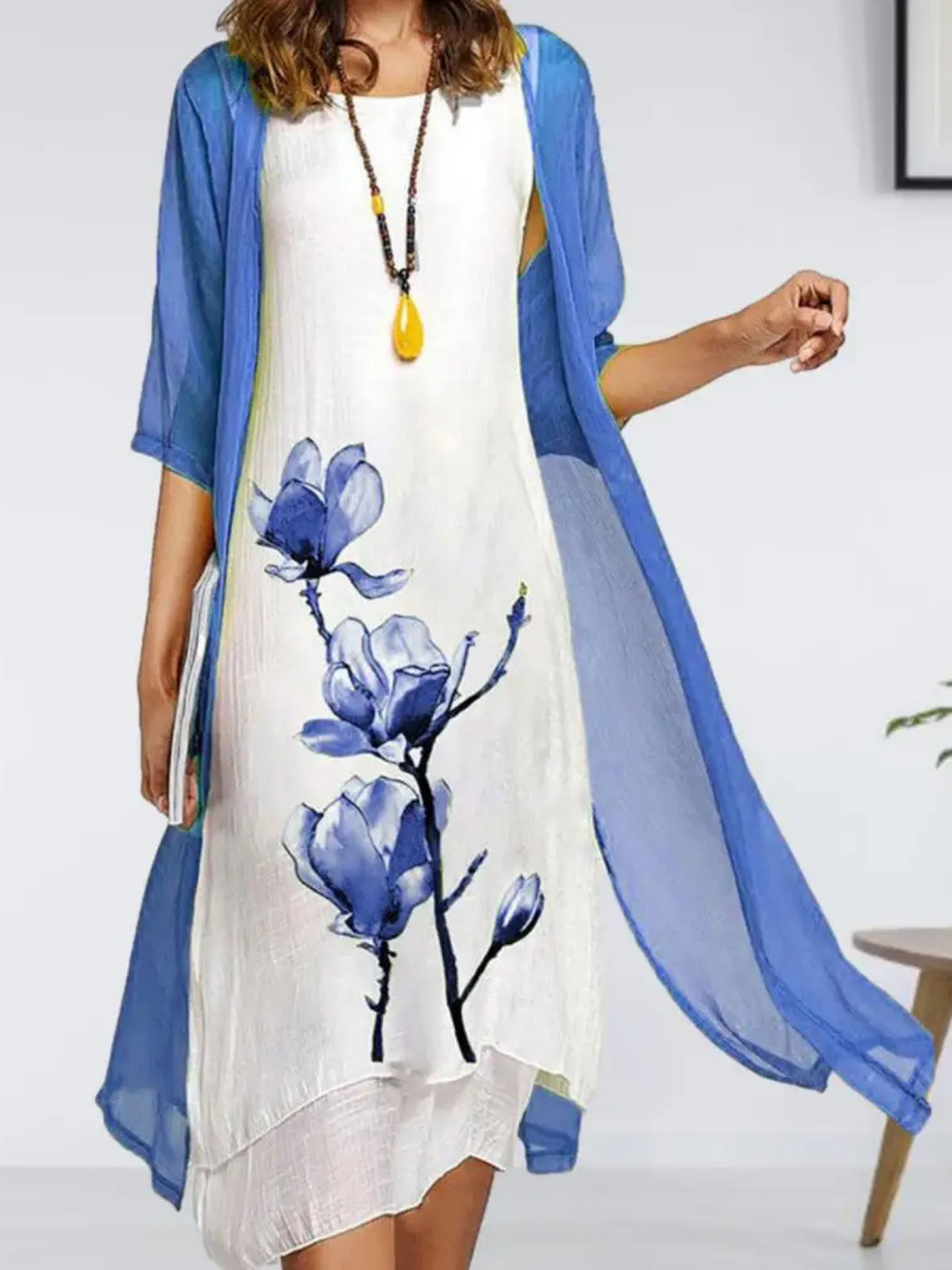 Daphne | Linen Midi Dress With Floral Print And Chiffon Cardigan Set For Women