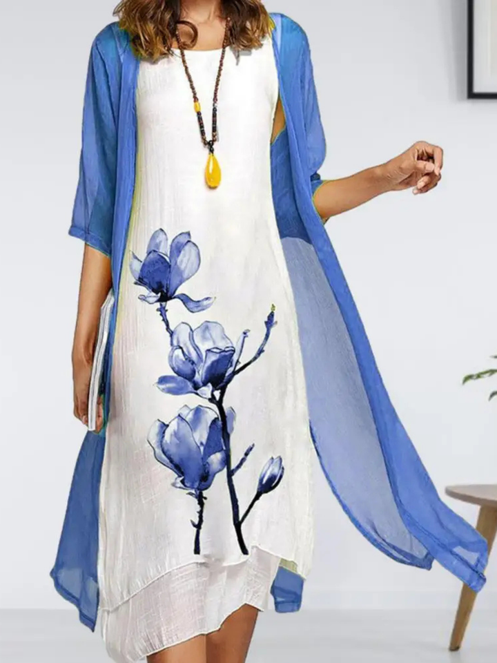 Daphne | Linen Midi Dress With Floral Print And Chiffon Cardigan Set For Women