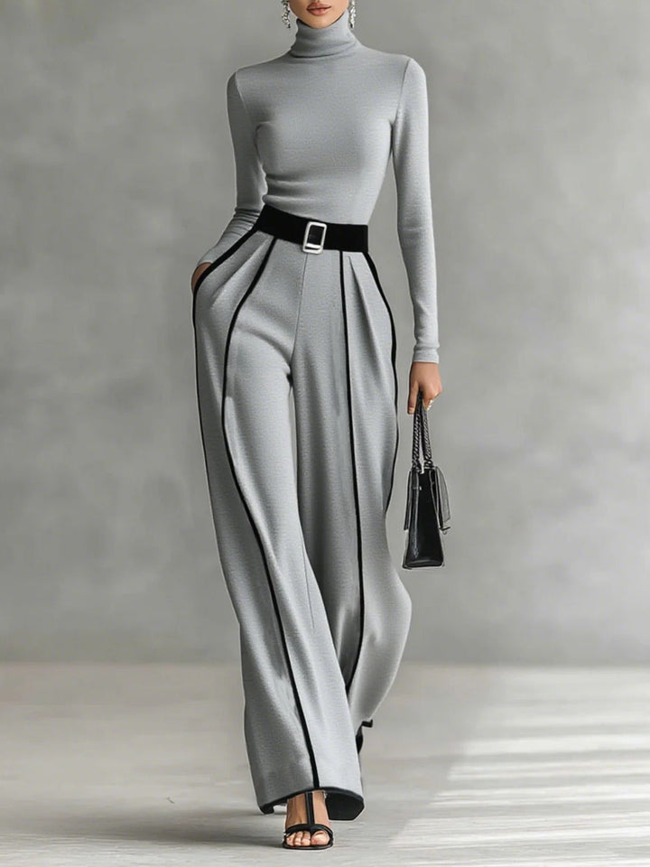 Solana™ - High Neck Long Sleeve Top Set With Wide Leg Pants And Belt
