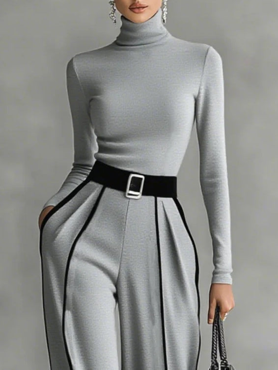 Solana™ - High Neck Long Sleeve Top Set With Wide Leg Pants And Belt