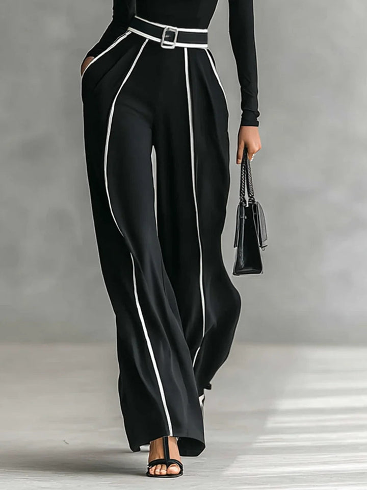 Solana™ - High Neck Long Sleeve Top Set With Wide Leg Pants And Belt