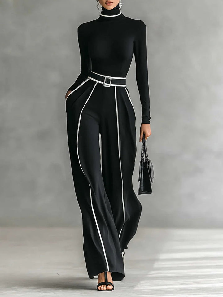 Solana™ - High Neck Long Sleeve Top Set With Wide Leg Pants And Belt