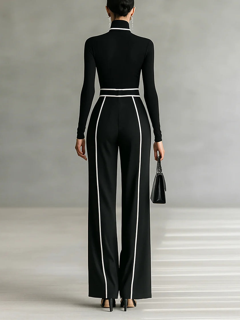 Solana™ - High Neck Long Sleeve Top Set With Wide Leg Pants And Belt