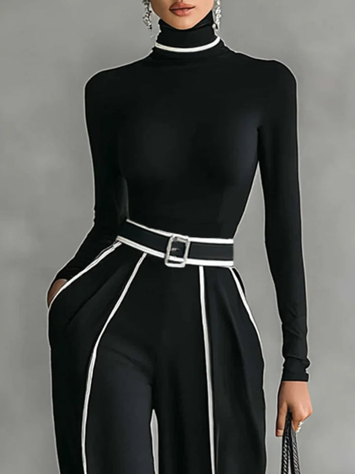 Solana™ - High Neck Long Sleeve Top Set With Wide Leg Pants And Belt