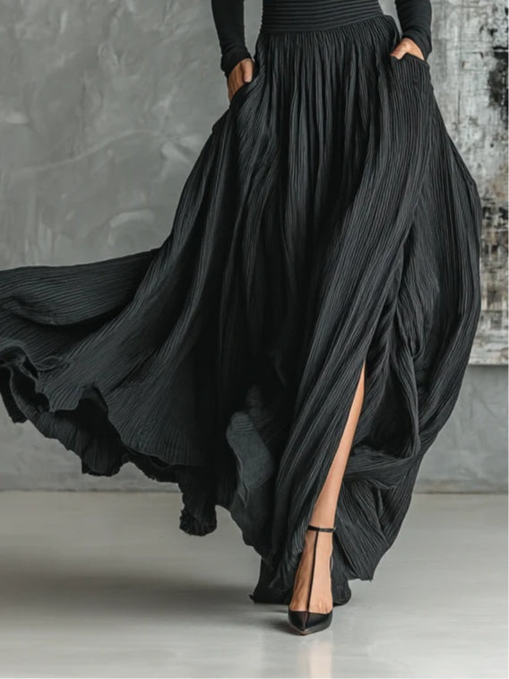 Michela™ - Pleated Skirt And Black Long Sleeve Fitted T-Shirt Set