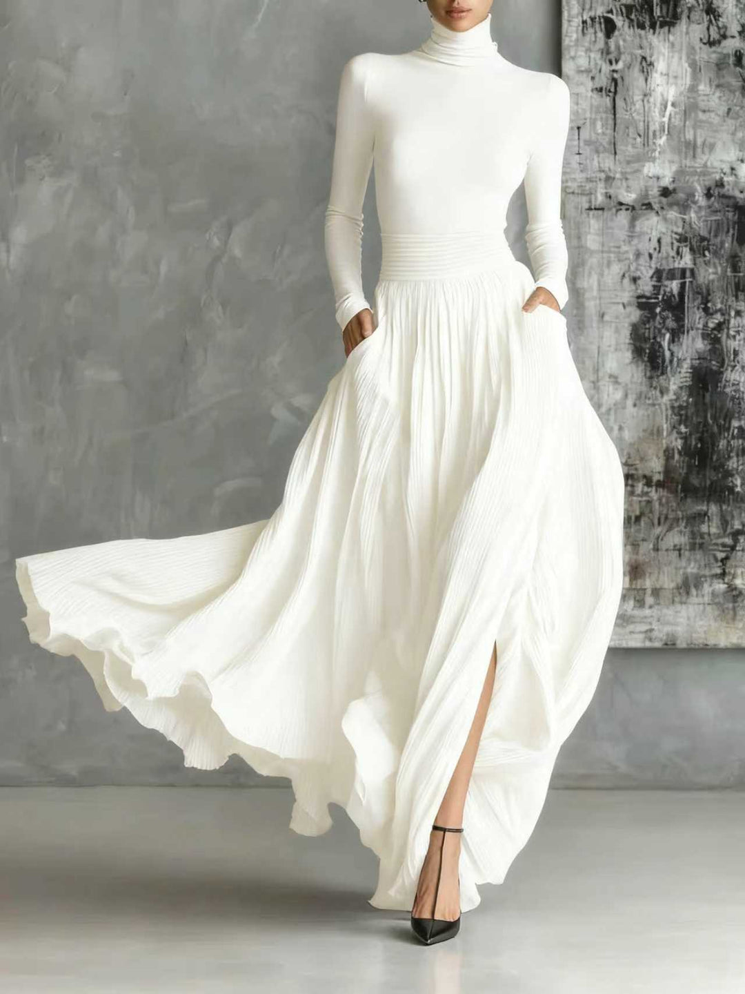 Michela™ - Pleated Skirt And Black Long Sleeve Fitted T-Shirt Set