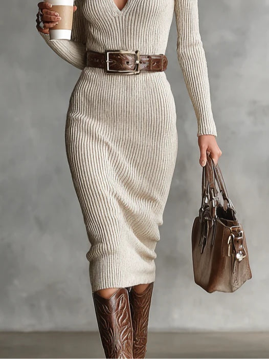 Adele | Knitted Dress With Mid-High Neck And Belt