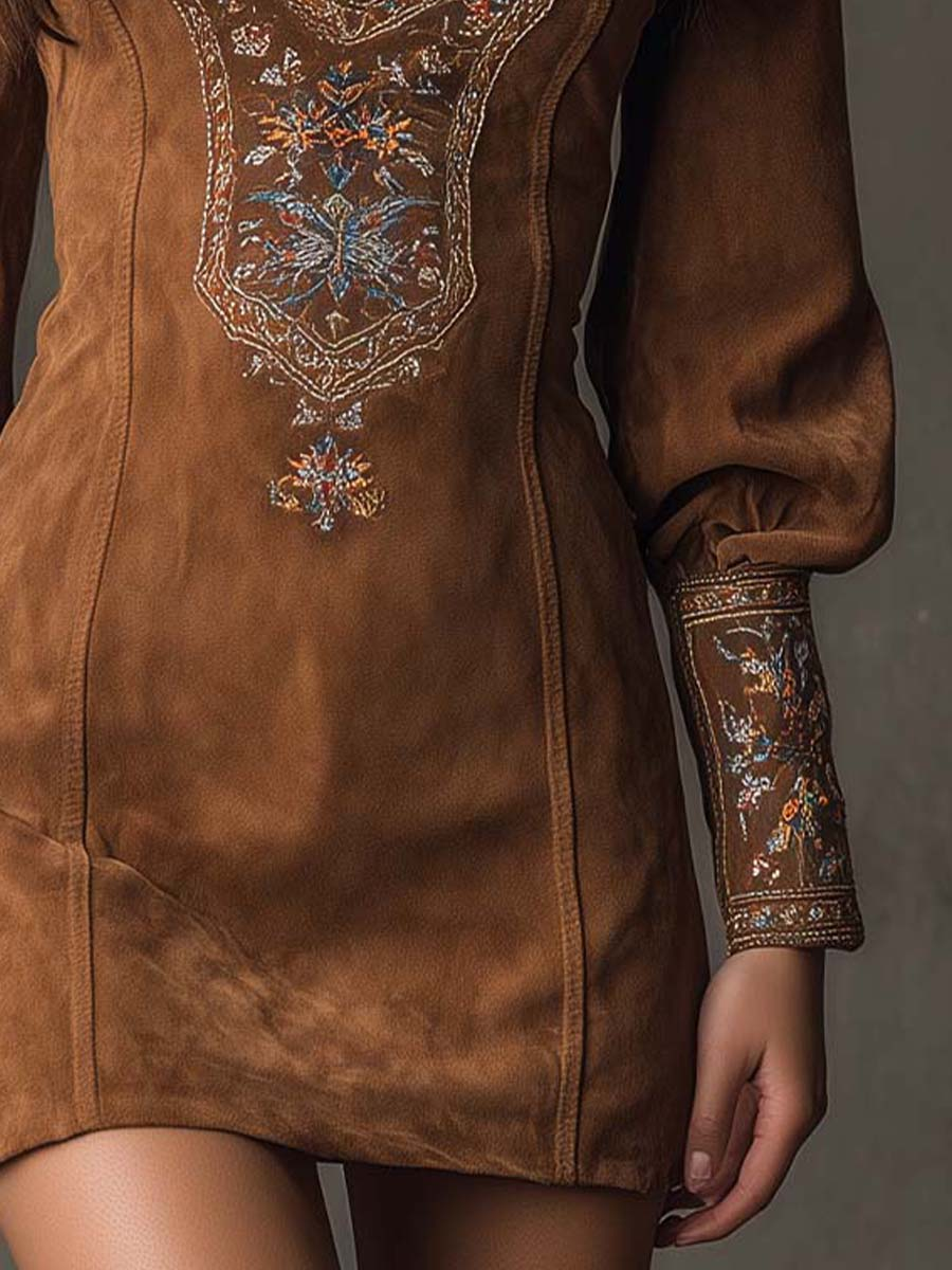 Beatrice | Vintage Brown Suede-Style Mini Dress With V-Neck And Embroidery
