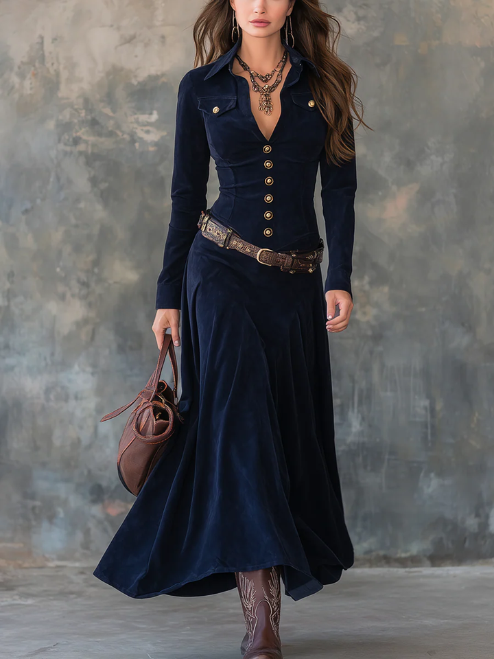 Martina - Vintage Long Dress With Pocket Flap