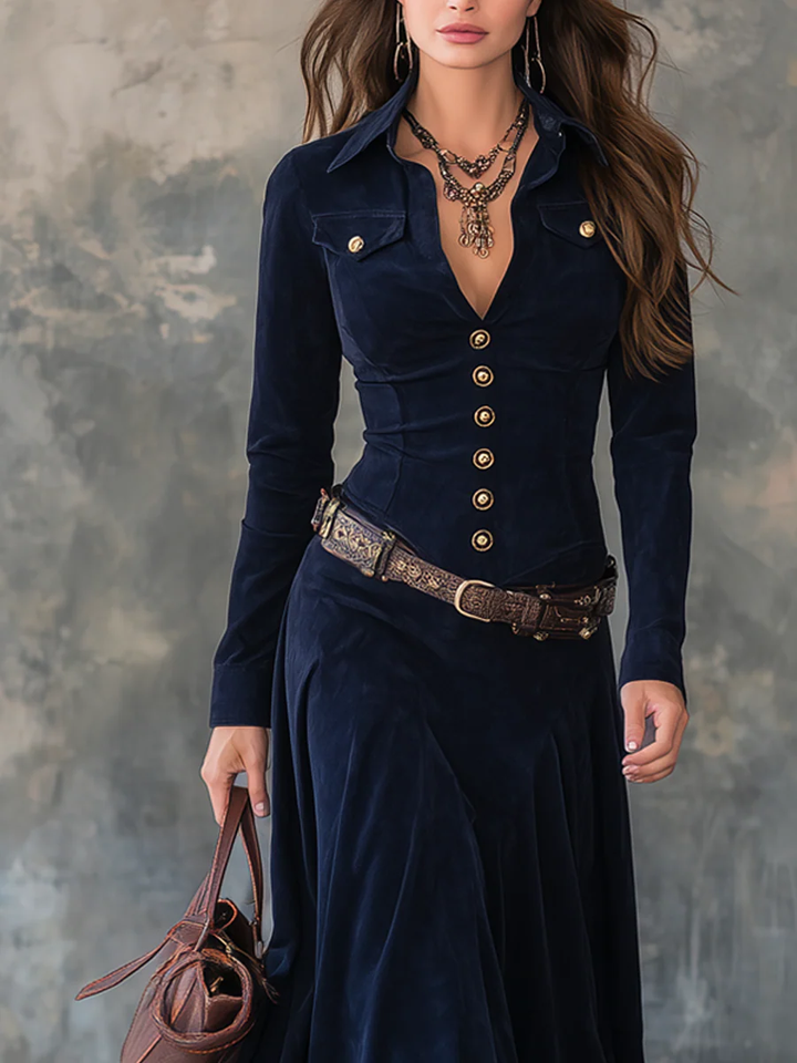 Martina - Vintage Long Dress With Pocket Flap