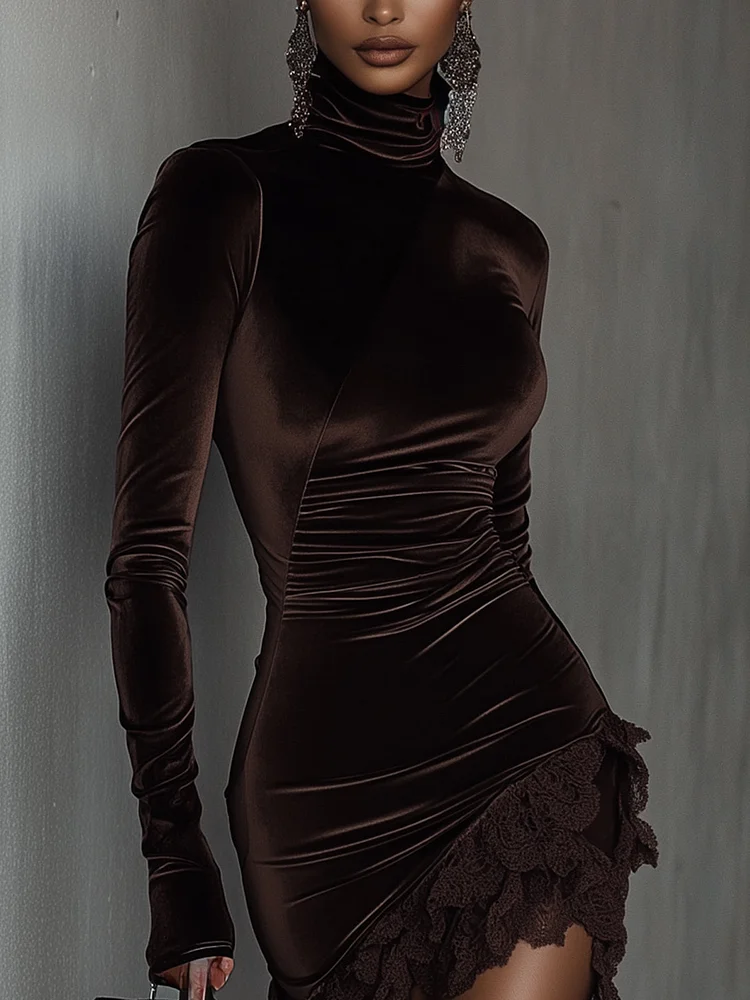 Gaia™ - Mini Fitted Dress In Chocolate Velvet With High Neck And Lace Hem