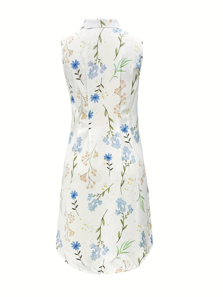 Bliss- Floral Print Collarless Sleeveless Button-Up Shirt Dress