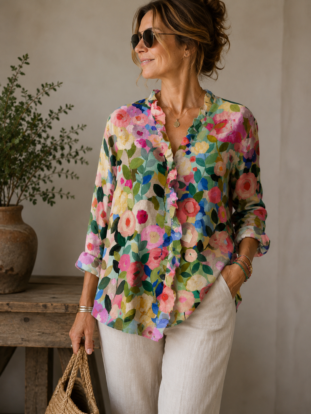 Olive | Floral Linen Button-Down Blouse For Women