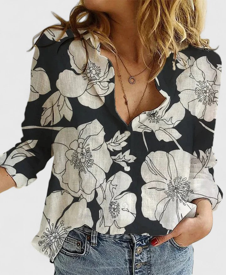 Harper | Lapel Collar Linen Button-Down Shirt For Women